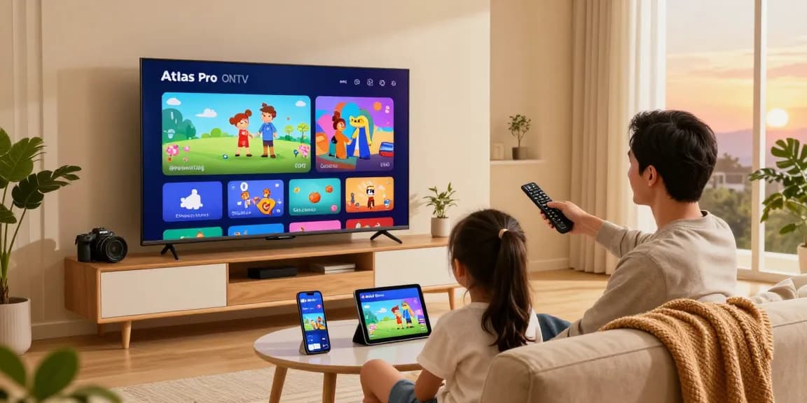 Profitez d'Atlas pro dans un salon chaleureux avec des enfants regardant la TV.