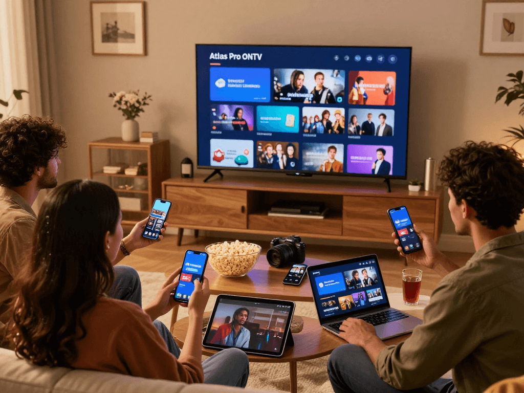 Expérience de cinéma maison avec l'application Atlas Pro en streaming sur un téléviseur, amis profitant de 12 000 chaînes