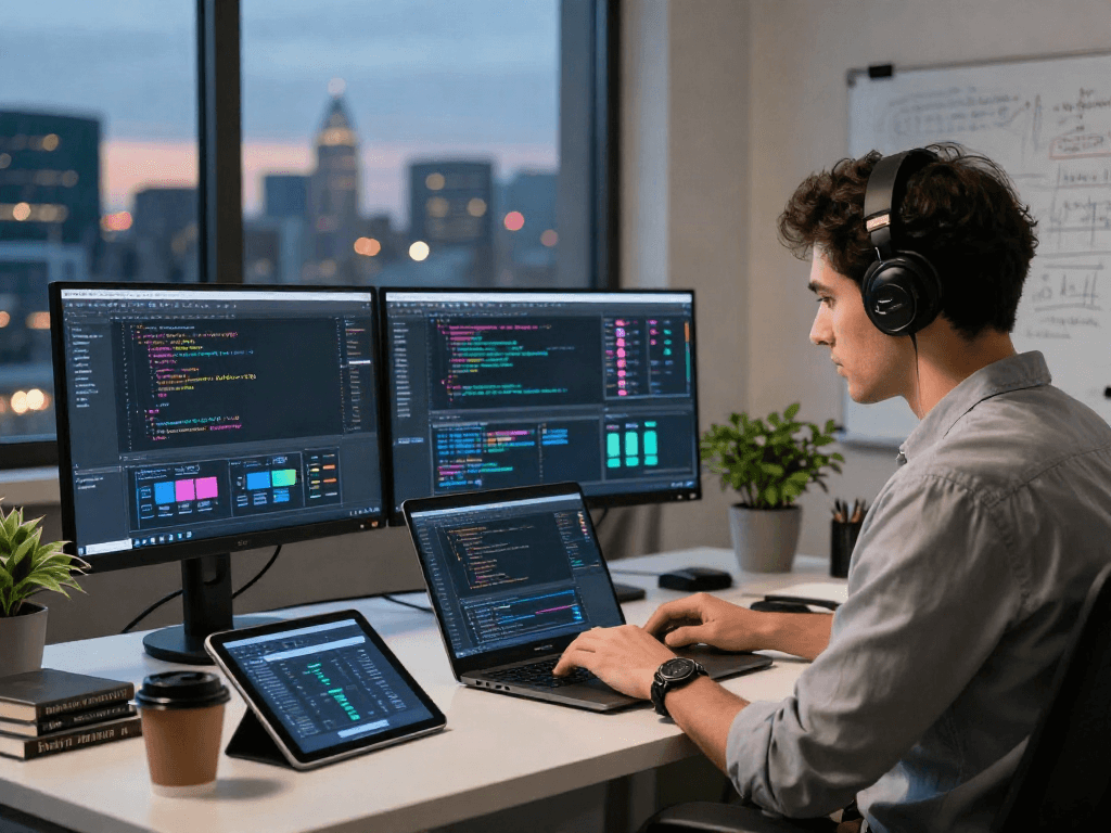 Développeur utilisant Atlas pro ontv dans un bureau moderne avec plusieurs écrans et plantes vertes.