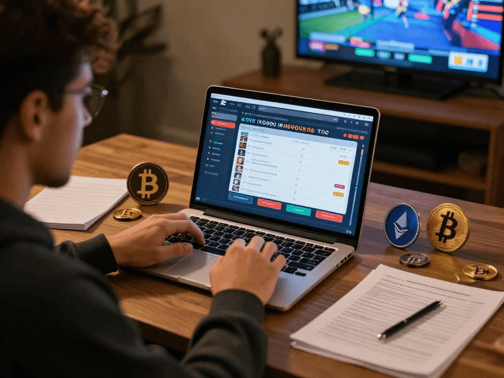 Placer des paris sportif crypto sur une plateforme de paris en ligne avec des cryptomonnaies en arrière-plan
