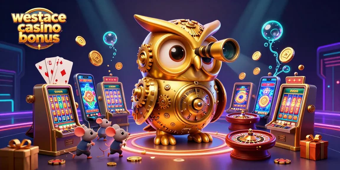 Faites défiler les offres du bonus westace casino avec une horloge de hibou et des souris amusantes sur un sol de casino.