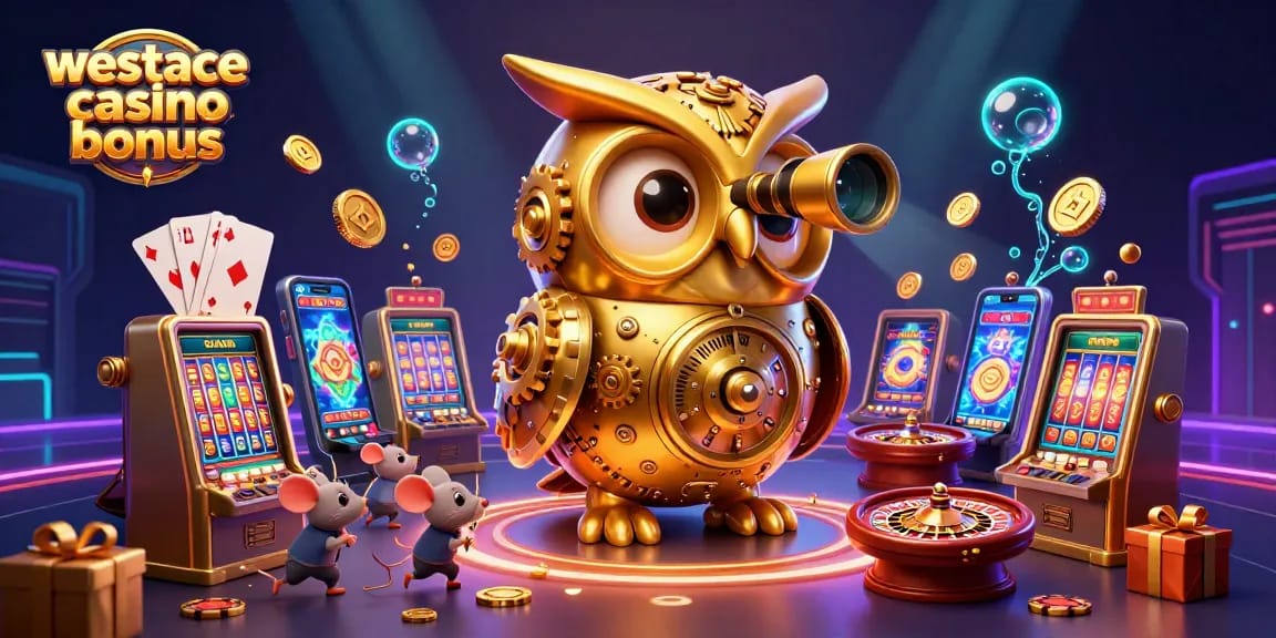 Faites défiler les offres du bonus westace casino avec une horloge de hibou et des souris amusantes sur un sol de casino.